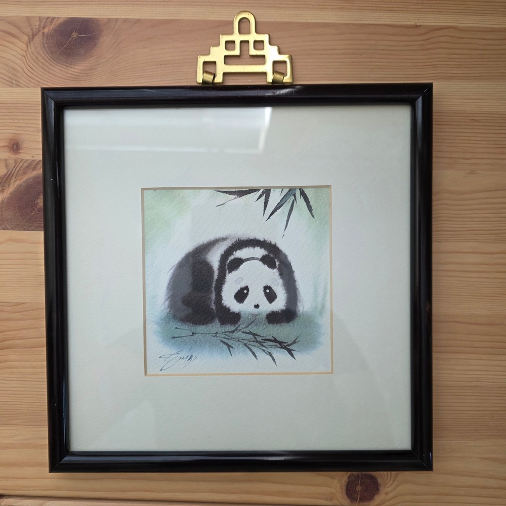 Vintage Set of 3 Framed Panda Prints Chinoiserie Brass Pagoda Hanger 8x8 zoocore - Picture 16 of 16